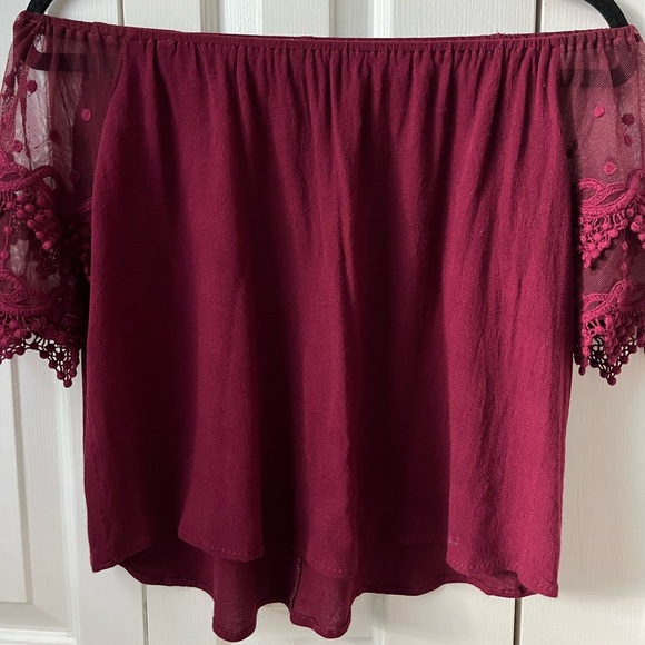 Burgundy Sheer Lace Off-the-shoulder Blouse Size Small - Picture 2 of 12